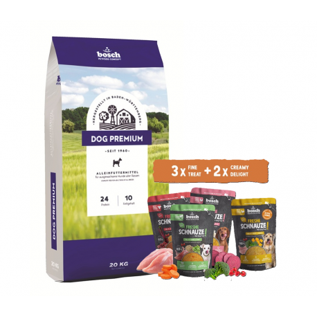 bosch Dog Premium 20kg + šlapio ėdalo rinkinys 5 x 250g bosch Dog Premium 20kg + šlapio ėdalo rinkinys 5 x 250g